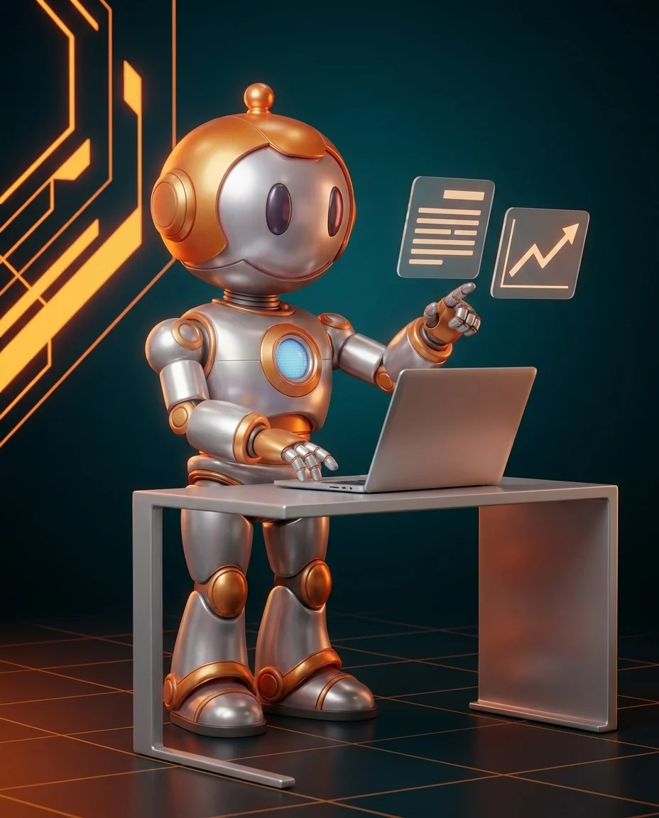 SEO-Texte schreiben für Unternehmen: Roboter arbeitet fokussiert an Blog-Content am Laptop