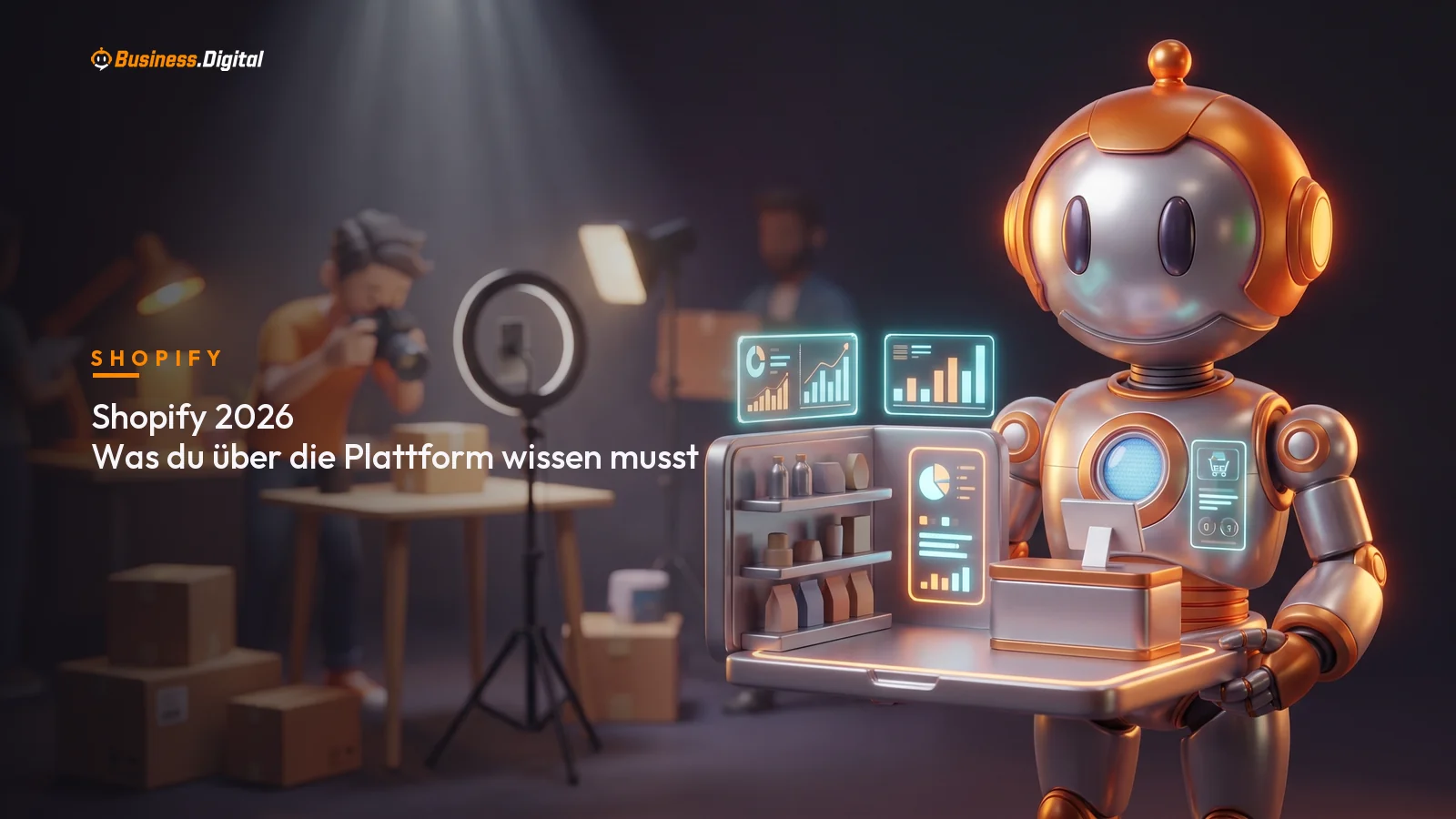 Shopify 2026: BD-Roboter mit Shopify-Interface auf großem Bildschirm