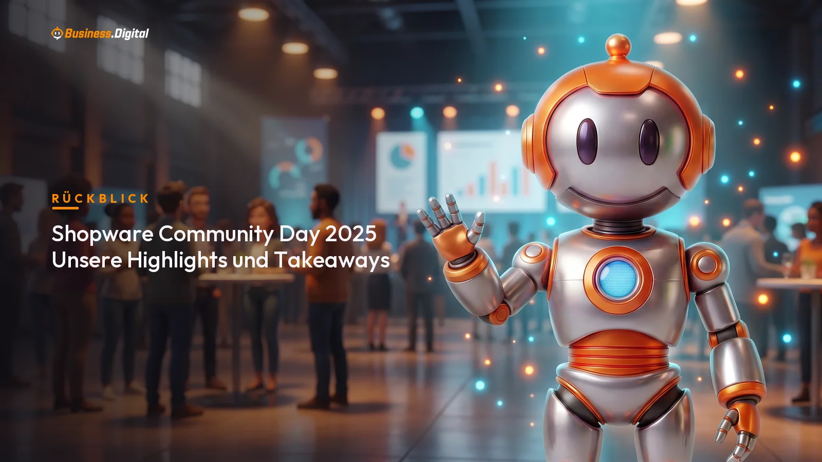 Shopware Community Day 2025: BD-Roboter am Event mit Shopware-Banner
