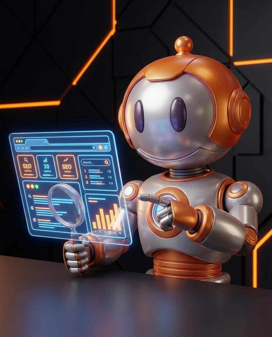 Roboter optimiert Shopware Erlebniswelten mit SEO-Analysetools auf einem Bildschirm