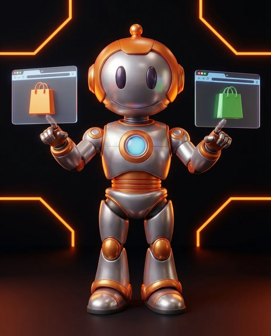 Roboter vergleicht Shopware und Shopify auf zwei Bildschirmen