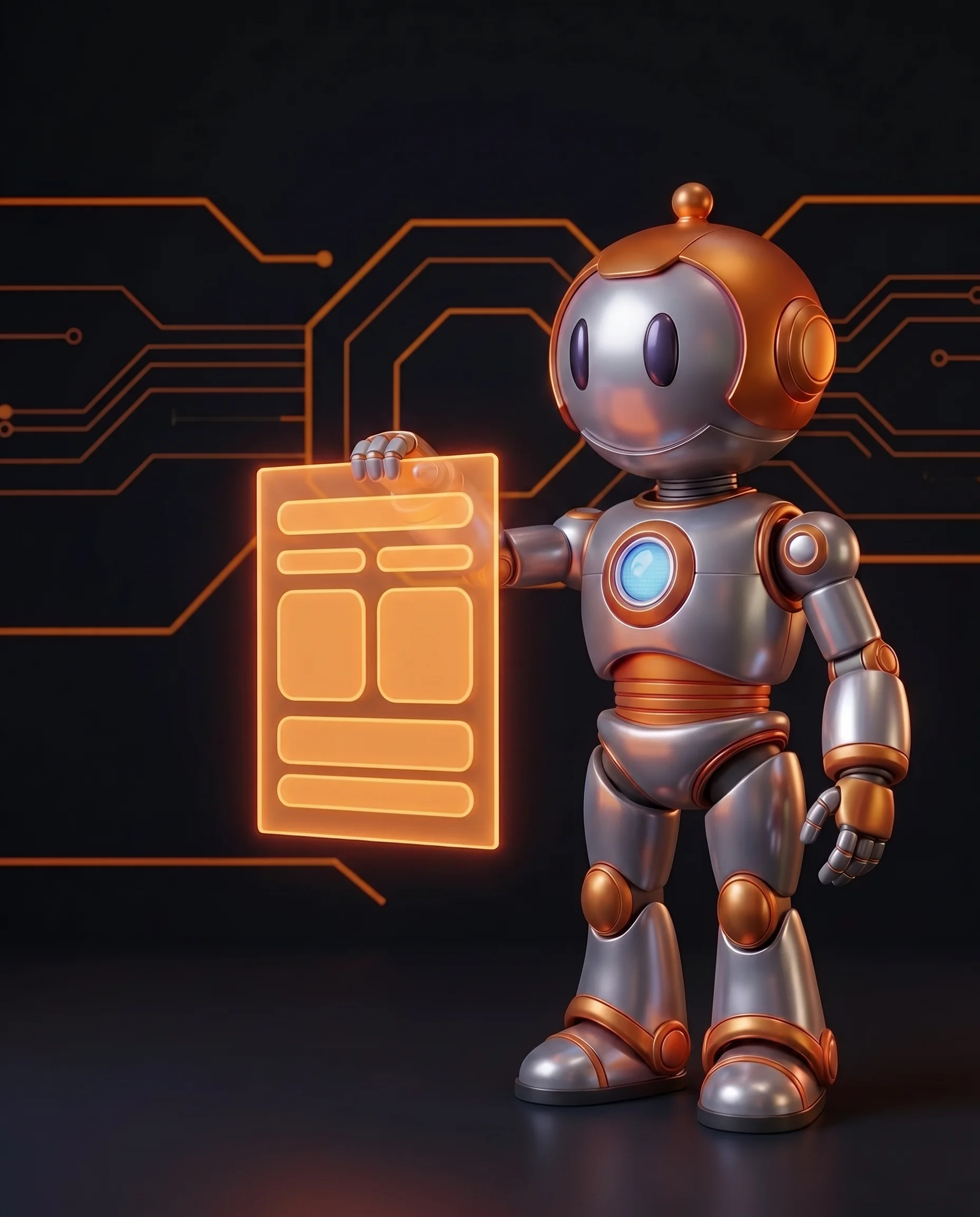 Roboter füllt einseitige Projektskizze aus, Sinnbild Software Anfrage vorbereiten