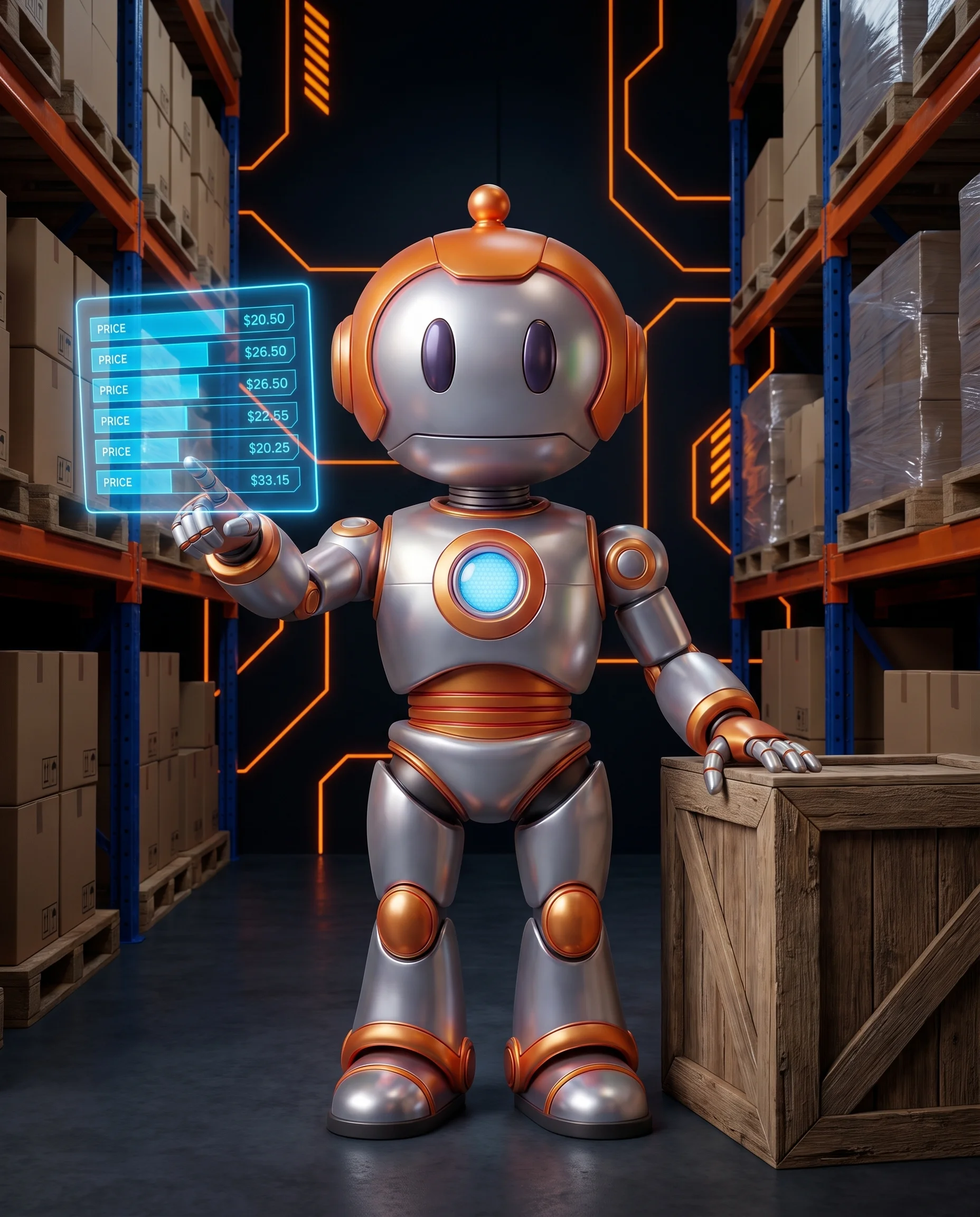Roboter vor Großhandelslager mit Palettenregalen und Preislisten-Display, Sinnbild Software für Großhandel