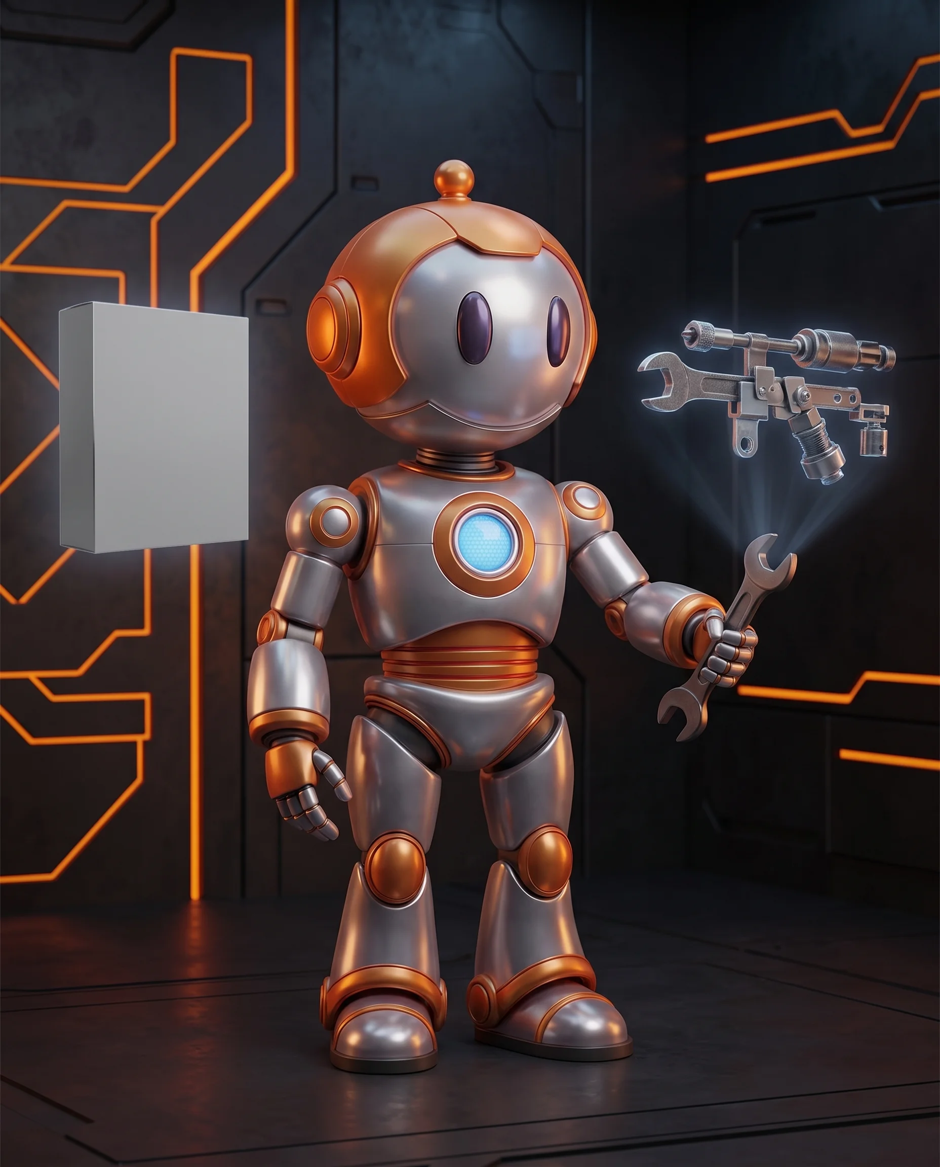 Roboter vergleicht Standard-Handwerkersoftware mit eigener Softwarelösung in einer Werkstatt