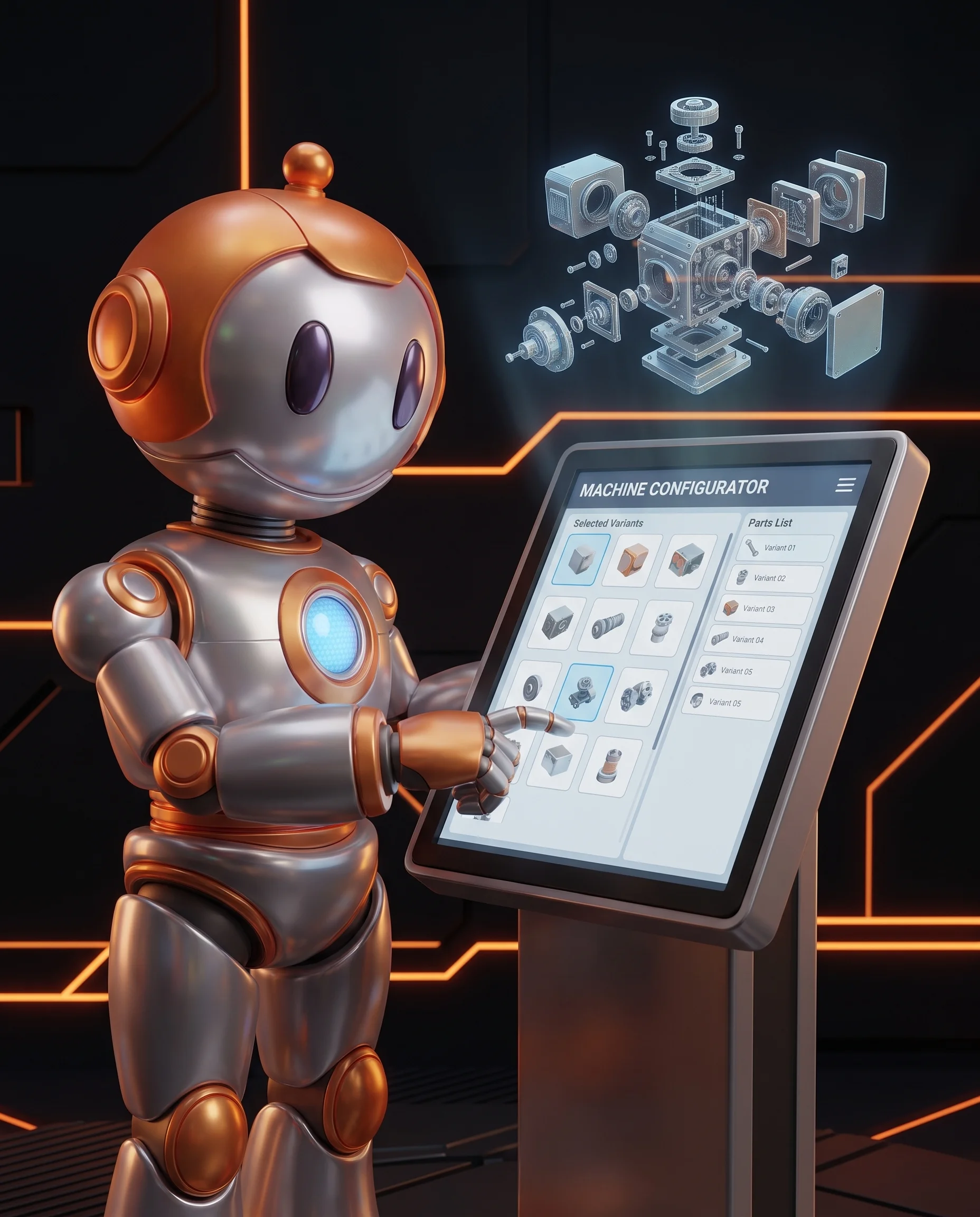 Roboter konfiguriert eine Sondermaschine an einem Bildschirm mit Varianten und Stückliste, Sinnbild Software für Maschinenbau