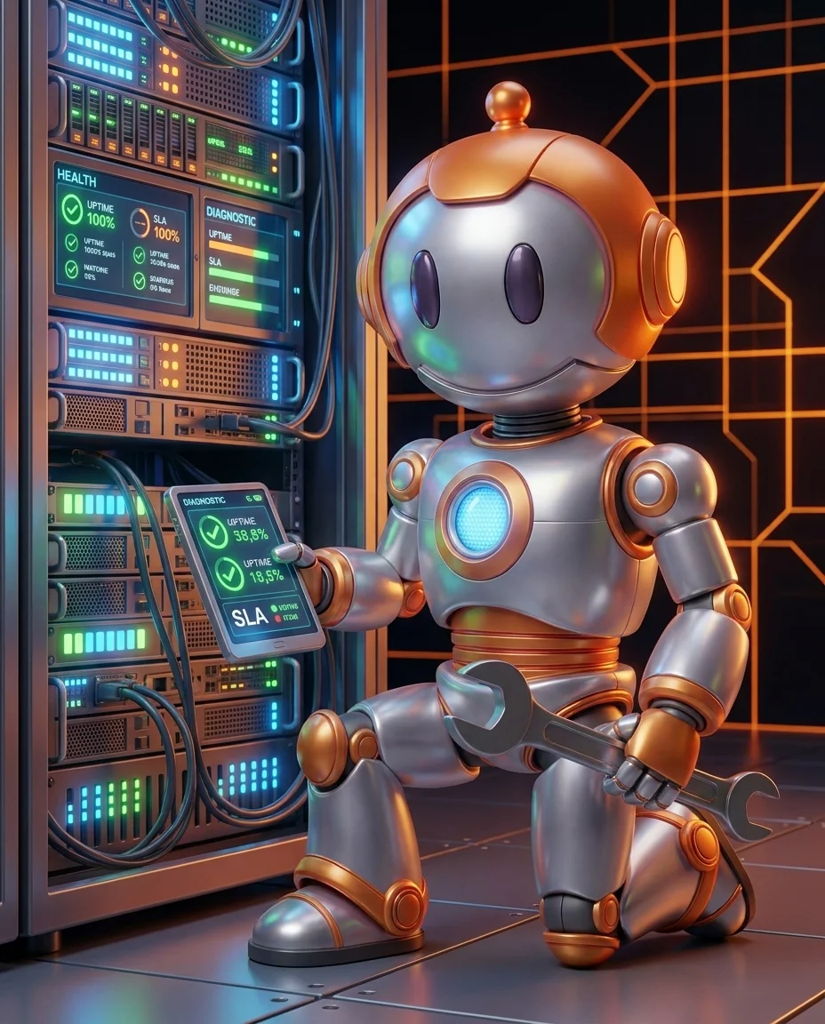 Software-Wartung und Support: Roboter prüft Server-Status und SLA-Dashboard