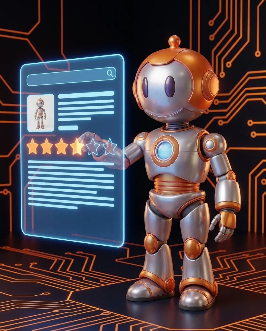 Structured Data und Rich Snippets: Roboter verleiht einem Google-Suchergebnis Sterne, Bilder und Zusatzinfos für mehr Klicks