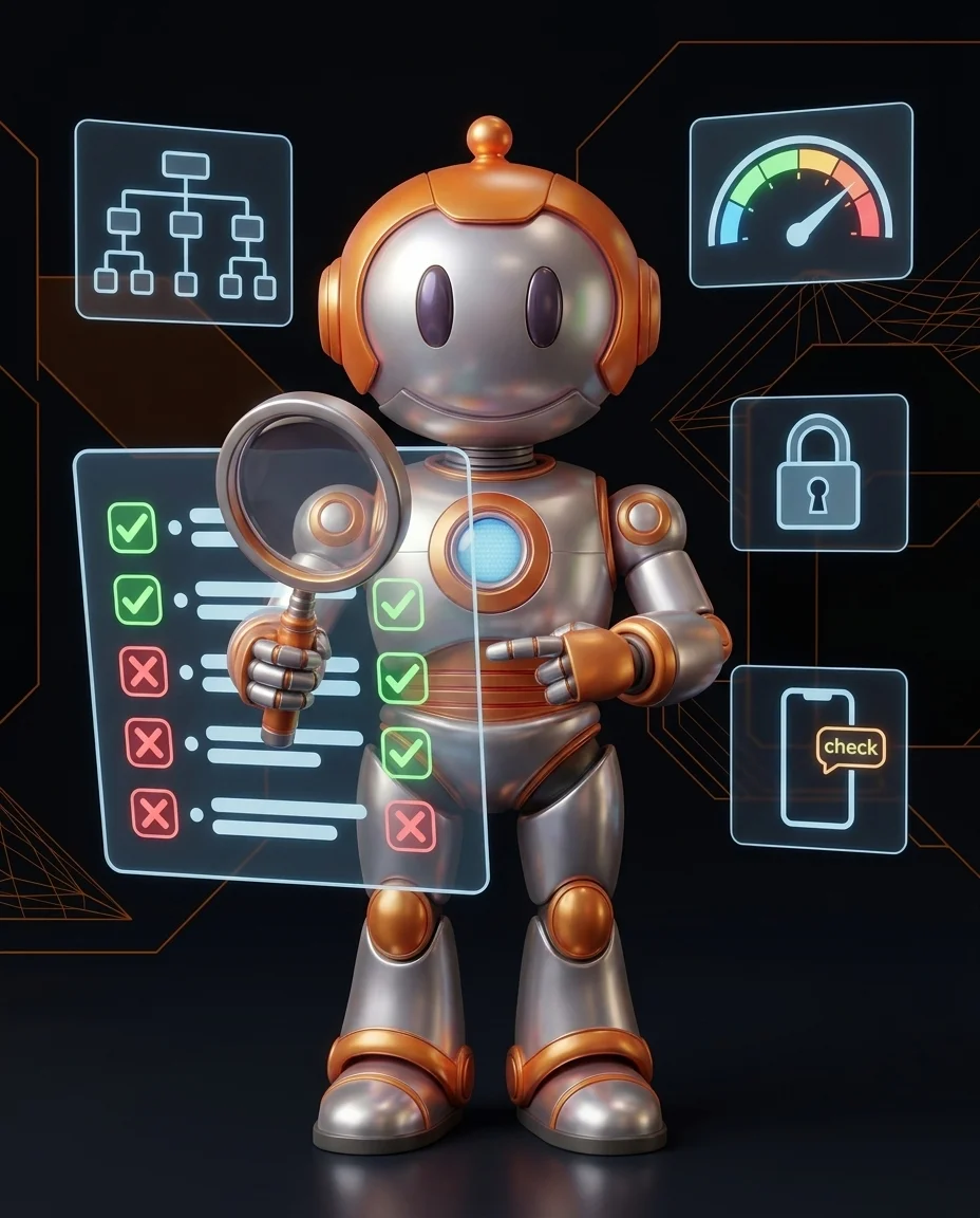 Technisches SEO Audit Checkliste mit Roboter der Website-Daten analysiert