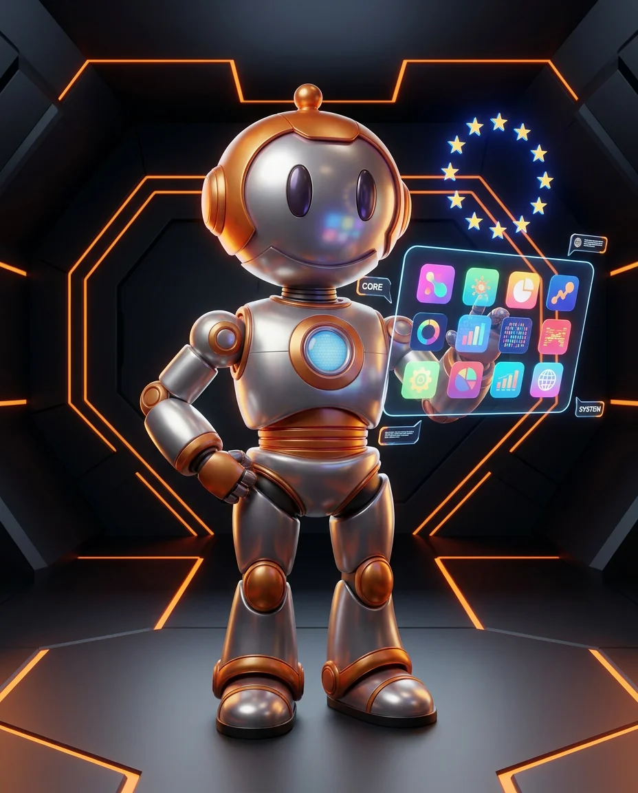 Business.Digital Roboter vor digitalem Tool-Verzeichnis mit EU-Symbol