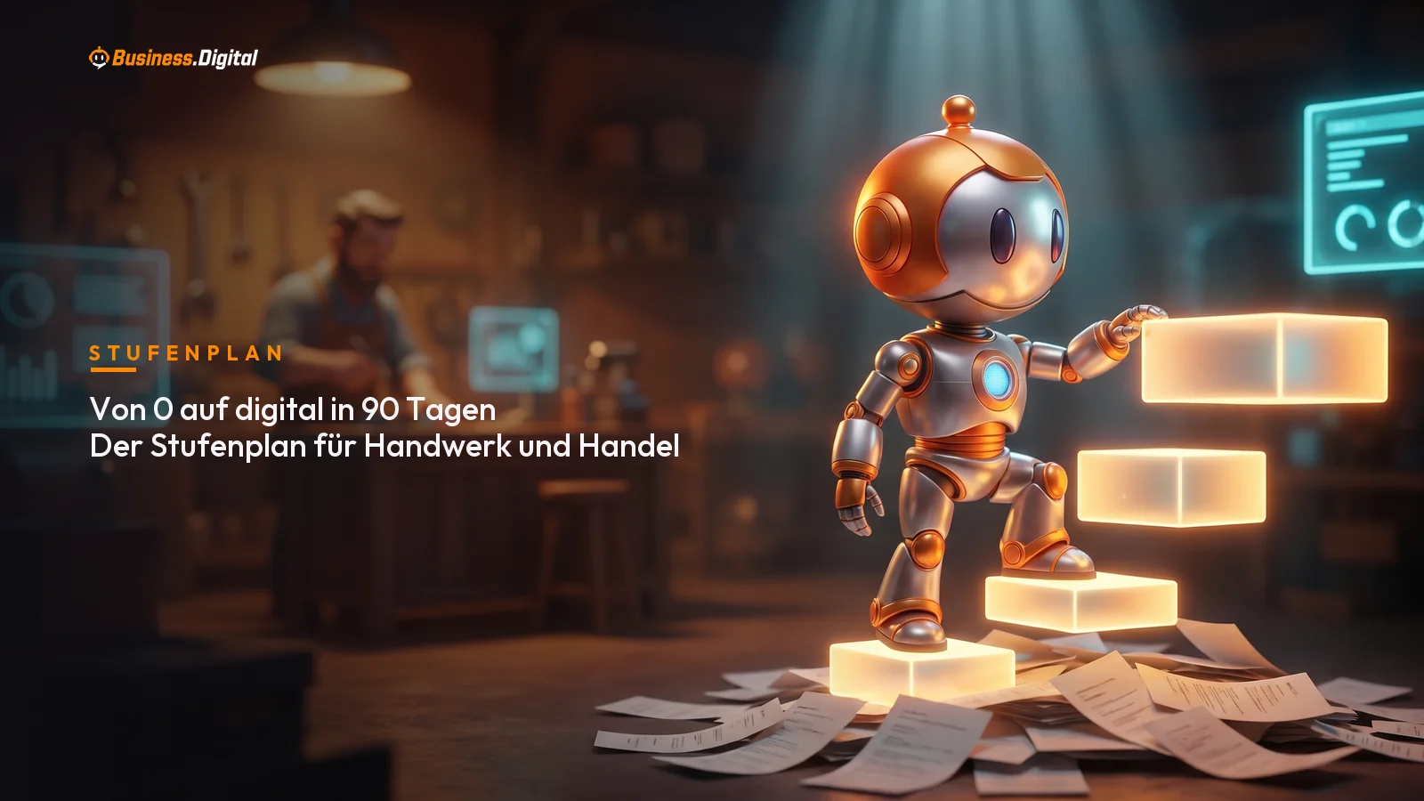 Von 0 auf digital in 90 Tagen: BD-Roboter auf Stufenplan-Treppe