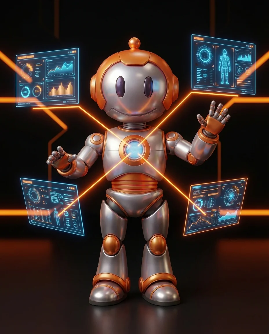 Roboter steht vor vielen verschiedenen Bildschirmen und verwaltet Koordinationsaufgaben für KMU-Agenturen