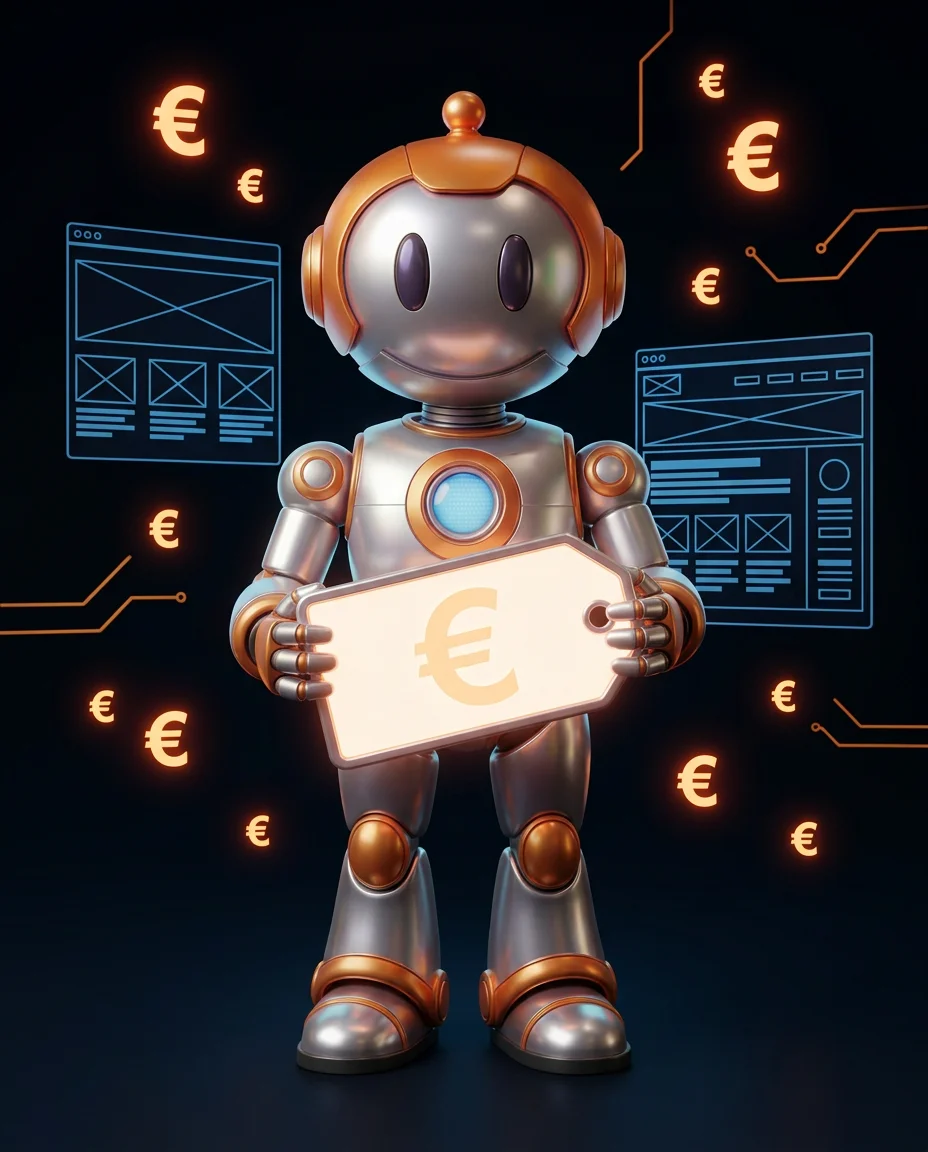 Website Kosten kleines Unternehmen – Roboter hält Preisschild mit Webdesign-Kalkulation