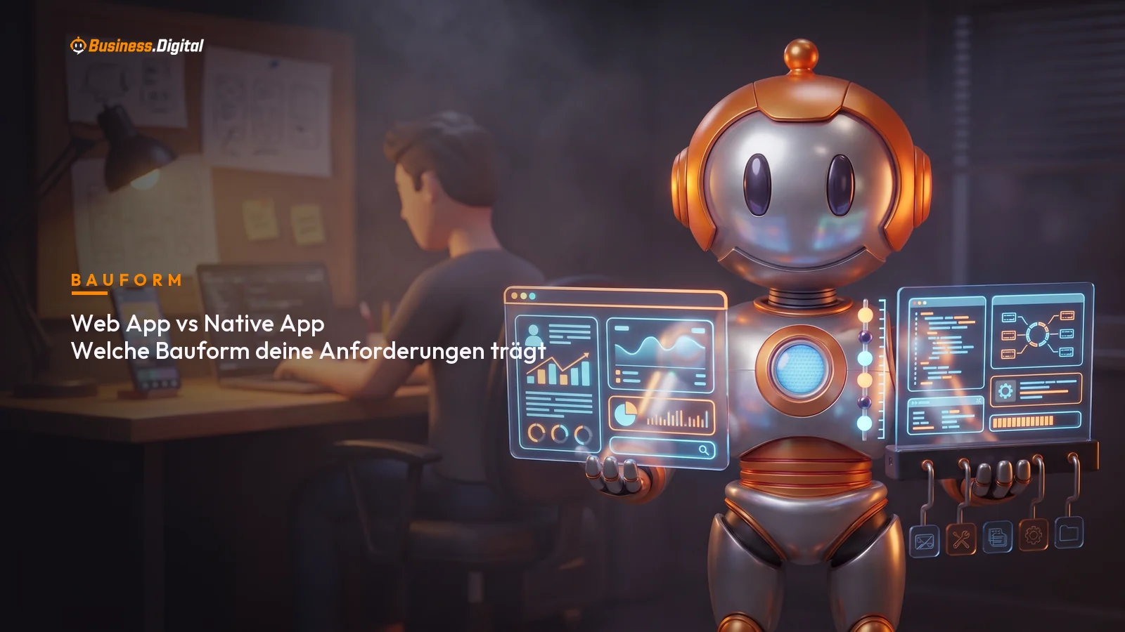 Web App vs Native App: Roboter wägt Browserfenster und Smartphone-App gegeneinander ab