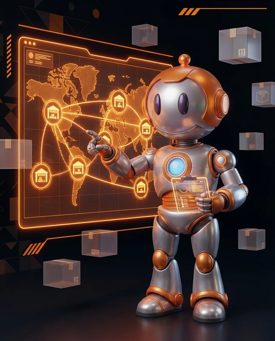 Xentral Multi Warehouse Lagerverwaltung mit Roboter-Charakter