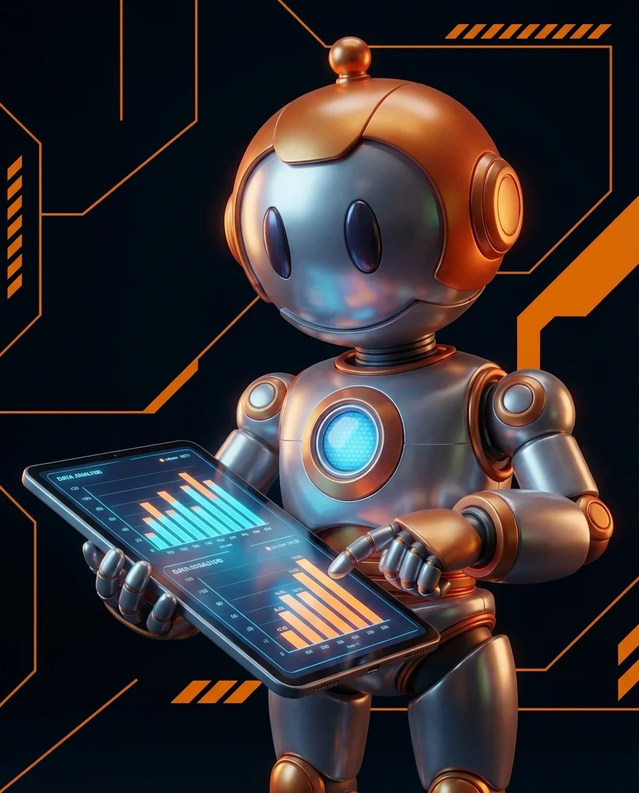 Roboter analysiert ERP-Systemvergleich auf einem Tablet mit Xentral vs JTL Daten