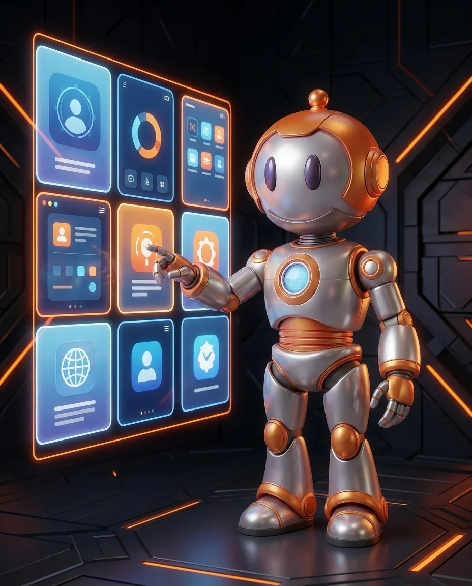 Roboter vergleicht Zapier Alternativen vor einer Wand aus sieben leuchtenden Automation-Tool-Kacheln