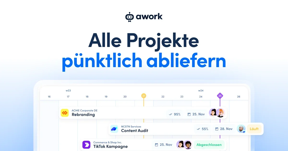 awork Projektmanagement mit Aufgabenboard und Statusübersicht