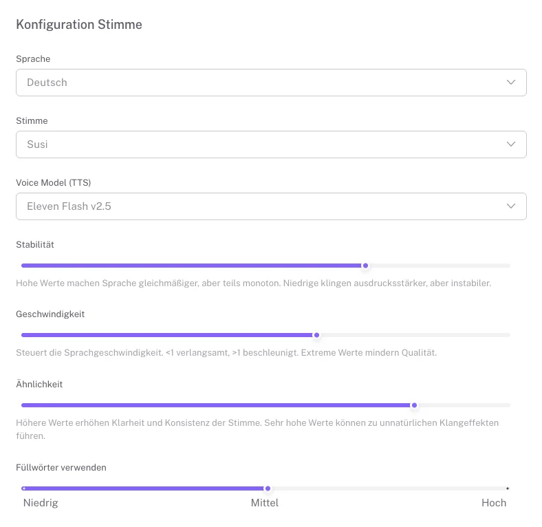 Closery Stimmkonfiguration mit Sprache, Stimme, Voice Model und Reglern für Stabilität und Geschwindigkeit