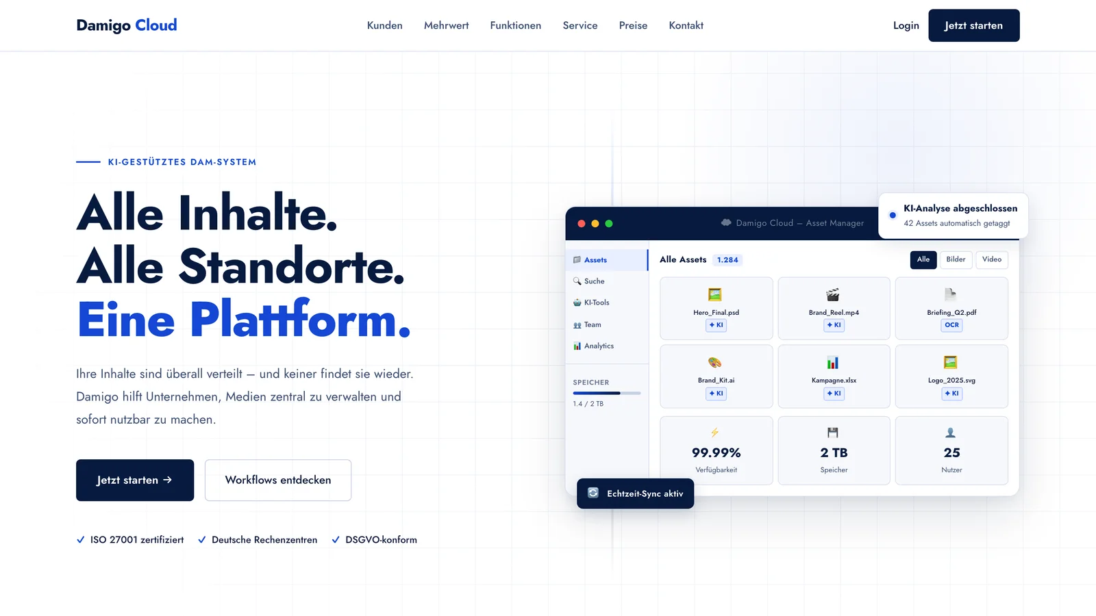 Startseite von Damigo Cloud mit Claim Alle Inhalte, alle Standorte, eine Plattform und einer Illustration des Asset Managers