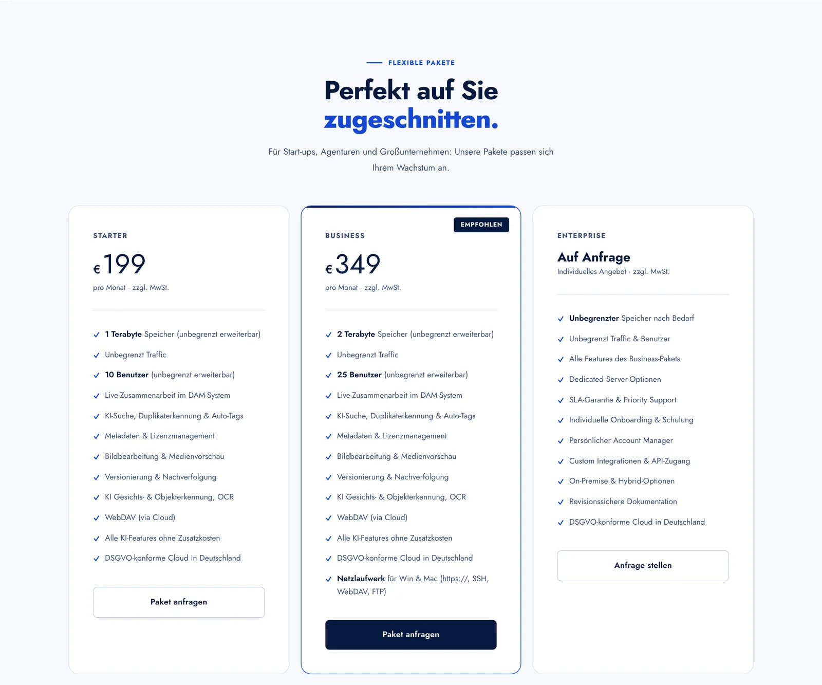 Preisübersicht von Damigo Cloud mit den Paketen Starter für 199 Euro, Business für 349 Euro und Enterprise auf Anfrage