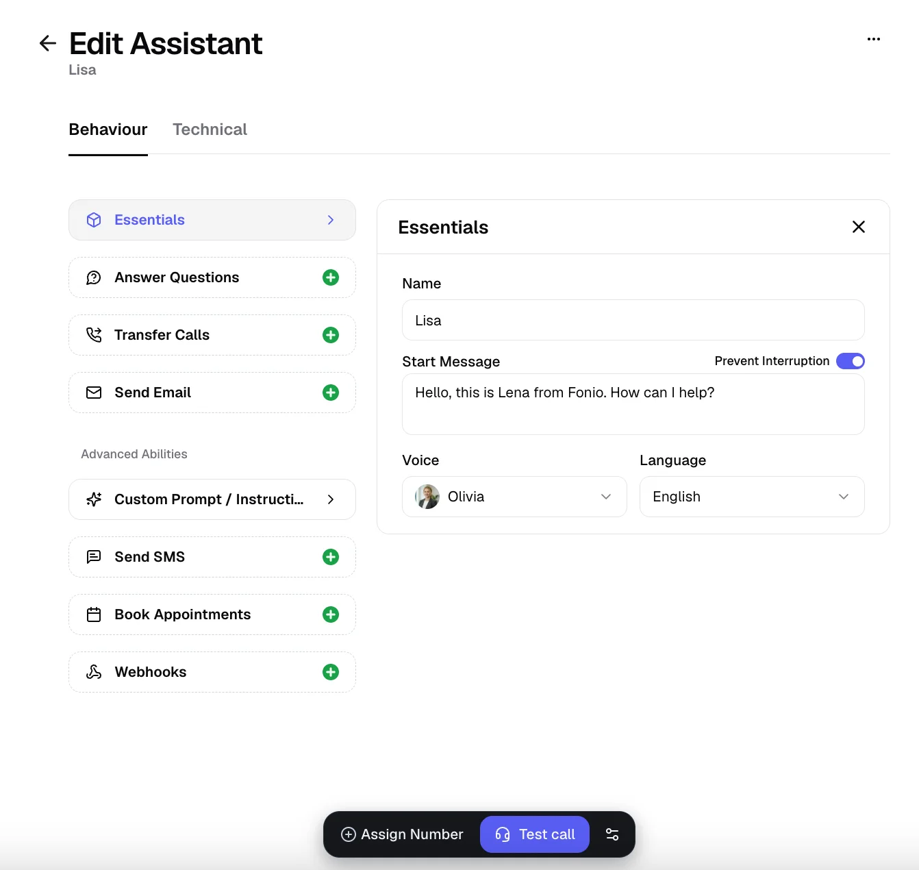 fonio.ai Assistent bearbeiten: Name, Startnachricht, Stimme und Sprache sowie eine Liste von Fähigkeiten wie Fragen beantworten, Anrufe weiterleiten, E-Mail senden und Termine buchen
