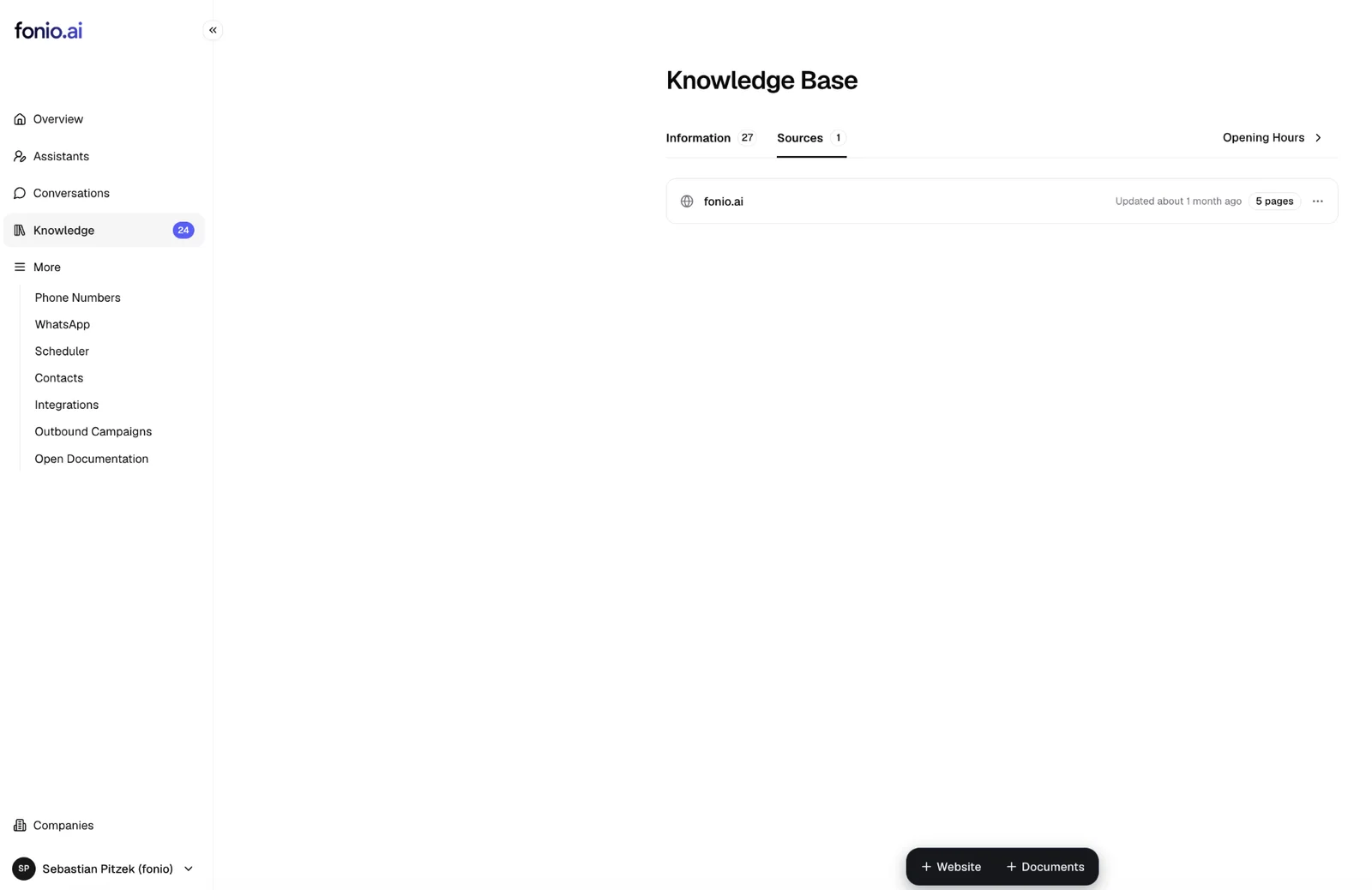 fonio.ai Wissensdatenbank mit der eigenen Website als Quelle und Reitern für Informationen und Quellen