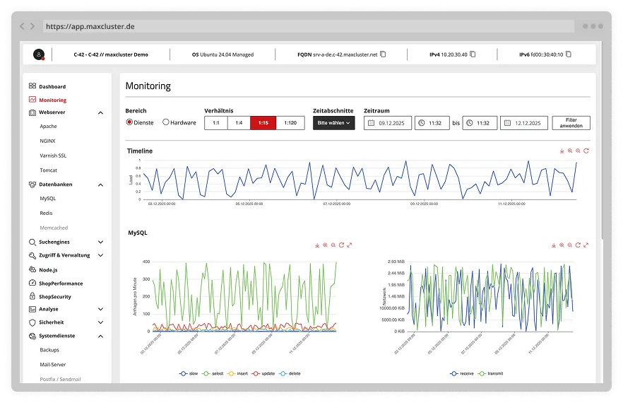 maxcluster Monitoring-Übersicht mit Echtzeit-Statusanzeige