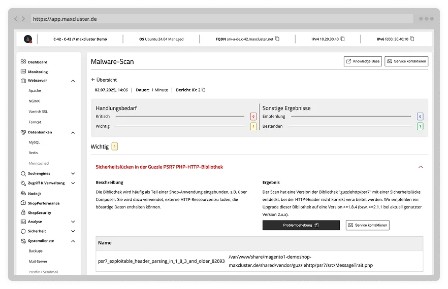 maxcluster Shop-Security-Ansicht mit Sicherheitsstatus
