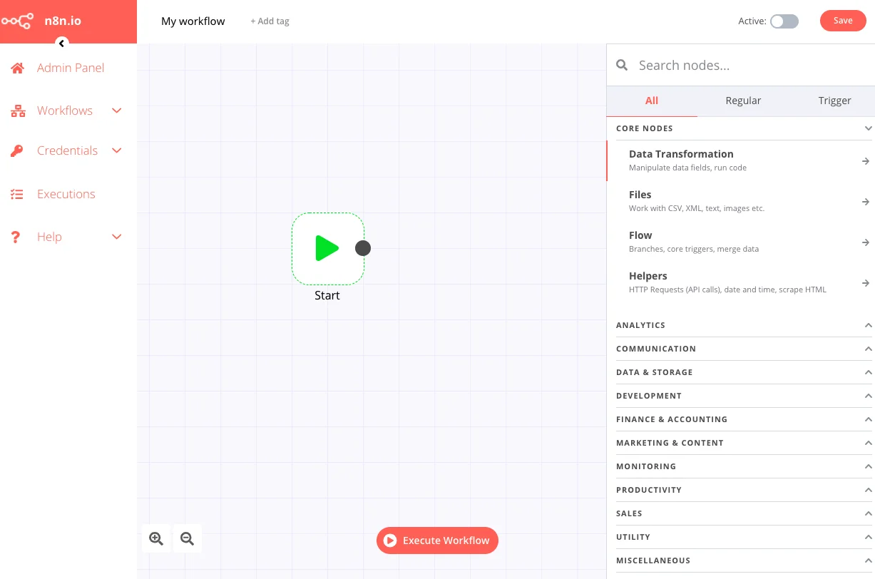 n8n Workflow-Editor mit Node-basierter Automatisierungsoberfläche
