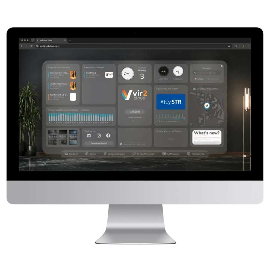 vir2cloud Portal mit Player-Statistiken, Standortkarte und zuletzt bearbeiteten Kanälen