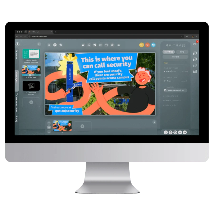 vir2cloud Studio-Editor mit Beitragseinstellungen, Zeitsteuerung und Vorschau