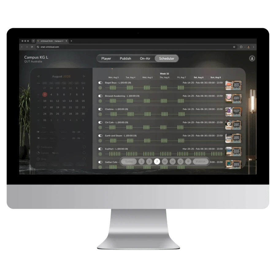 vir2cloud Scheduler mit Wochenplanung und Ausspielzeiten je Bildschirm